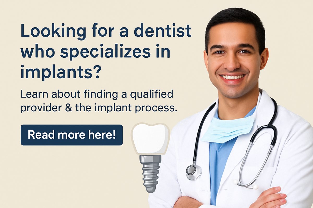 A dentist is consulting with a patient, pointing to a 3D scan of the patient's jaw with dental implant placement indicated. The text on the image says, "Implants: A Lasting Solution."