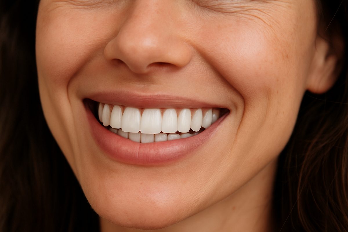 Close up of a person smiling, revealing a perfect set of cosmetic teeth implants that blend seamlessly with their natural teeth. The teeth are bright, aligned, and natural-looking. No text on image.