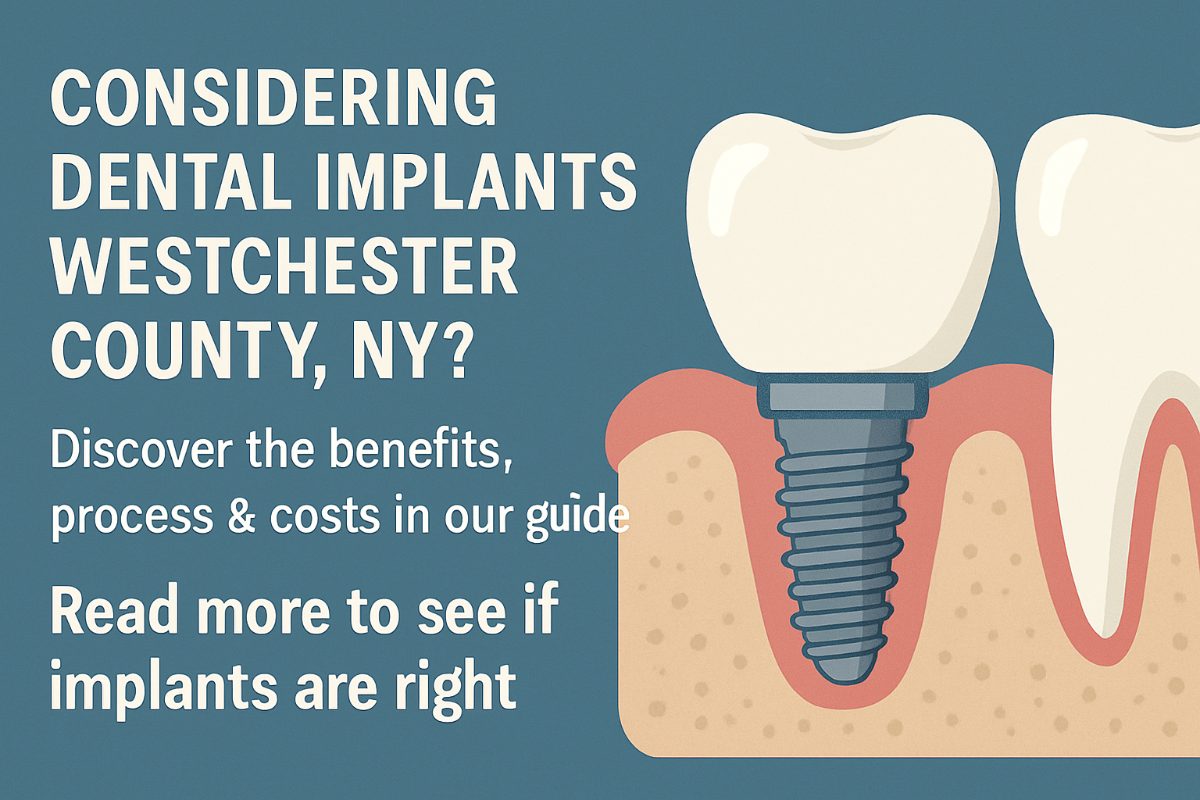 Image of a mature female patient smiling and talking with her dentist about dental implants, set in a modern dental office in Westchester County, NY. No text on the image.