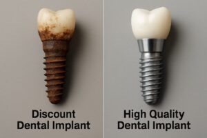 A side by side image of two different dental implants. One is labeled "Discount Dental Implant" and is rusted and damaged. The other is labeled "High Quality Dental Implant" and is pristine and new.