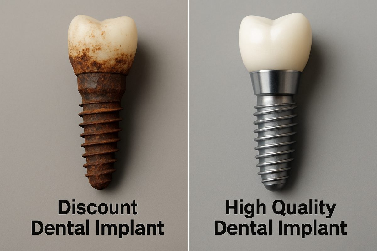 A side by side image of two different dental implants. One is labeled "Discount Dental Implant" and is rusted and damaged. The other is labeled "High Quality Dental Implant" and is pristine and new.