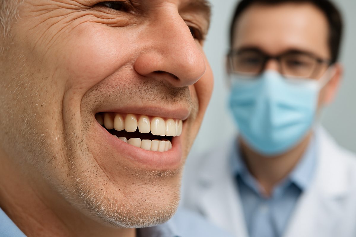 A person is smiling after receiving dental implants for back teeth replacement. The image focuses on the restored molar area, highlighting the natural look and feel of the implants, with a dentist in the background. No text on the image.