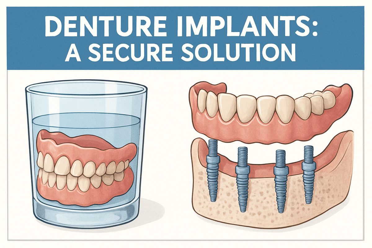 Image comparing traditional dentures resting in a glass versus implant-supported dentures anchored in the jawbone. The text on the image reads, "Denture Implants: A Secure Solution."