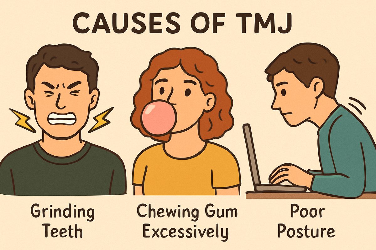 Illustration depicting various causes of TMJ, including someone grinding their teeth, another person chewing gum excessively, and a person with poor posture while working at a computer.