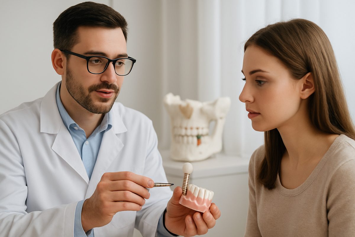 Photo of a dentist consulting with a patient, showing a dental implant and discussing the process of replacing it, with a 3D model of a jaw in the background. No text on the image.