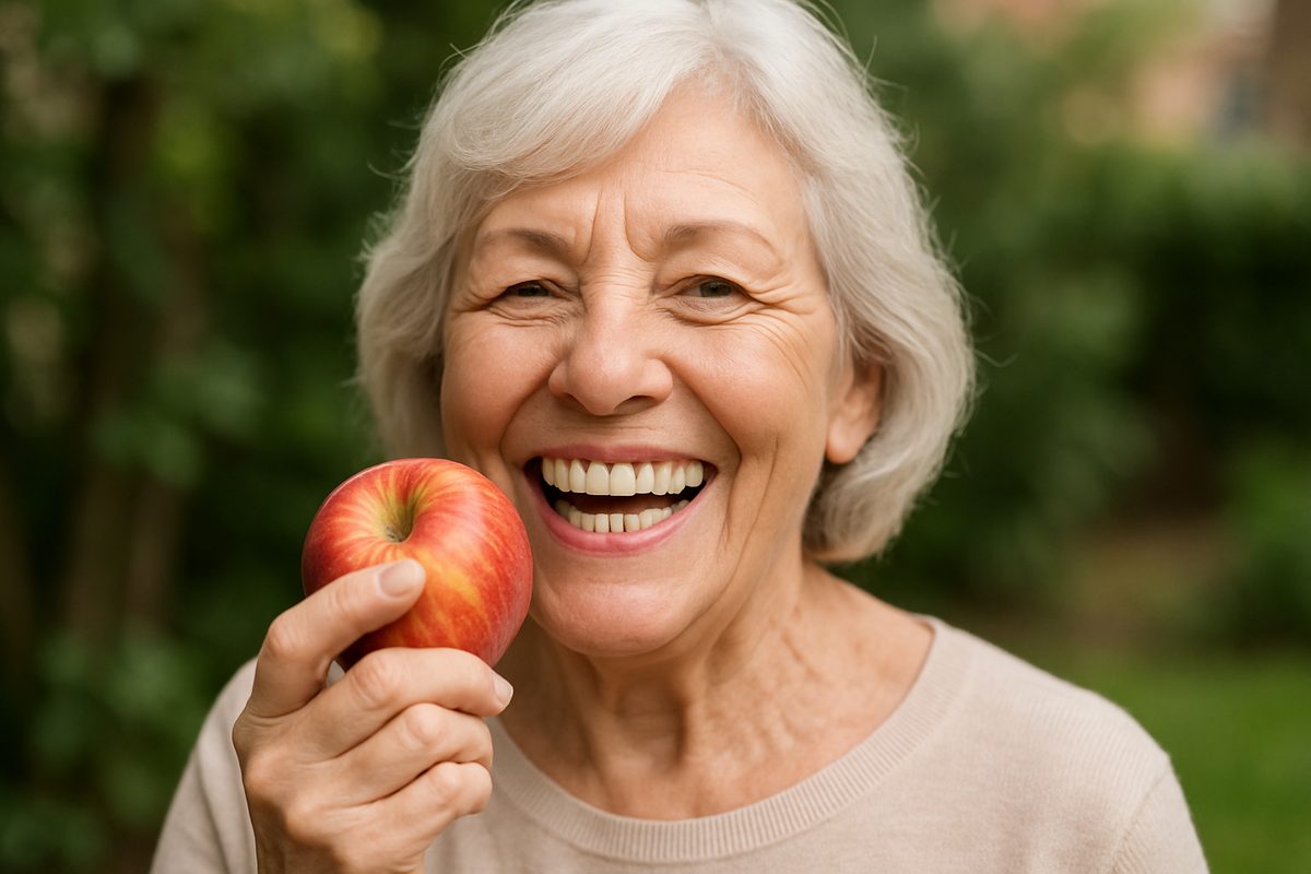 Image of a smiling senior woman with dental implants, confidently eating an apple. No text on the image.