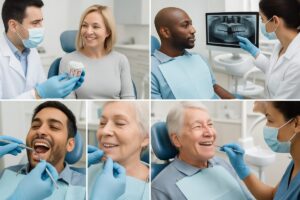 Image showcasing the various stages of dental implant placement, from initial consultation and planning to final restoration and long-term maintenance. Include a diverse set of patients in different stages of the process. No text on image.