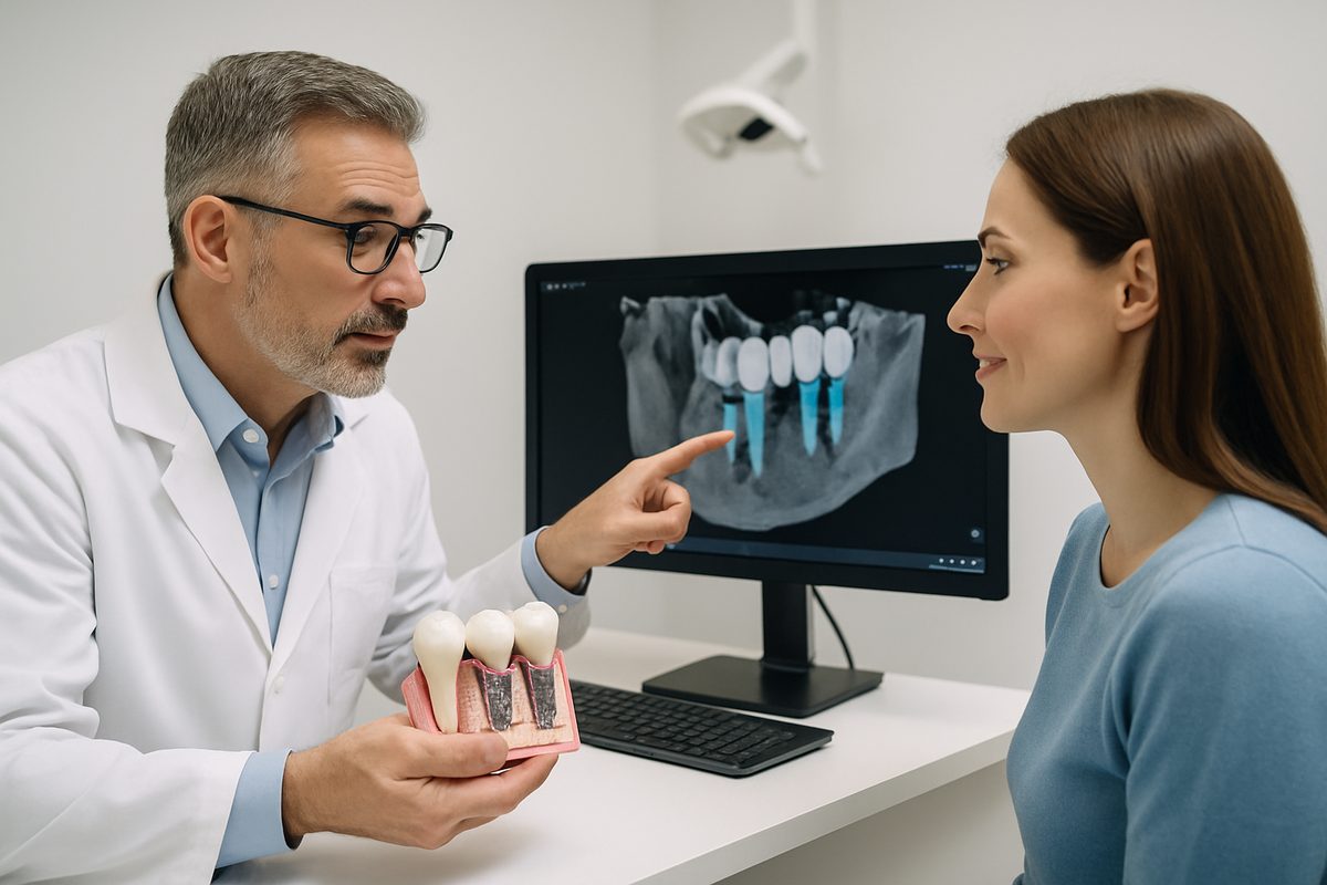 An experienced dentist is consulting with a patient about dental implants, using a digital scan to show the treatment plan. No text on the image.