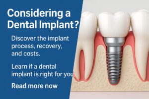 An infographic depicting the four key stages of the dental implantation process: consultation, surgery, healing, and restoration. No text on the image.