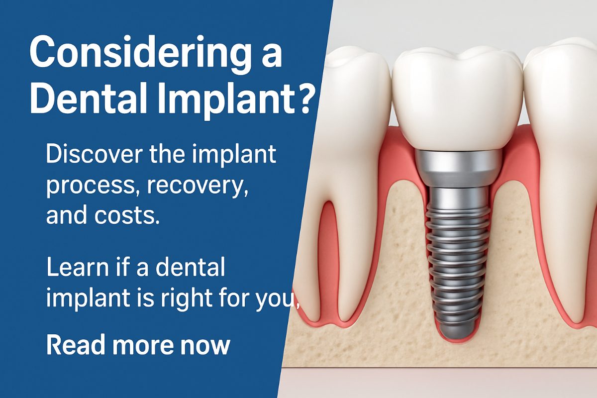 An infographic depicting the four key stages of the dental implantation process: consultation, surgery, healing, and restoration. No text on the image.