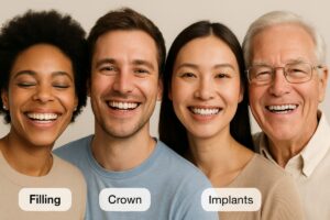 A diverse group of people smiling, showcasing different teeth repair options like fillings, crowns, and implants. No text on the image.