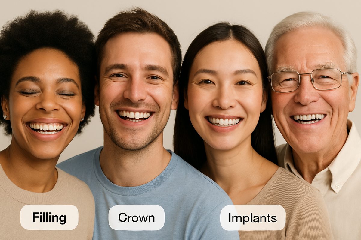 A diverse group of people smiling, showcasing different teeth repair options like fillings, crowns, and implants. No text on the image.