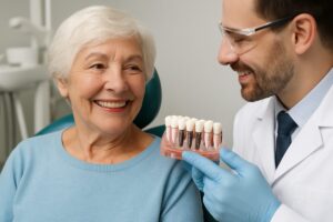 Photo of a smiling senior woman in a dental office, with a dentist pointing to a full set of dental implants on a model, highlighting the benefits of "full mouth dental implants westchester ny". No text on the image.
