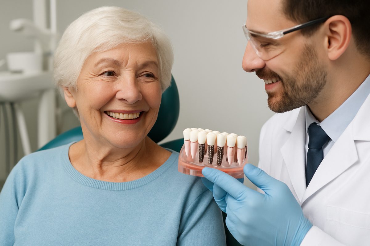 Photo of a smiling senior woman in a dental office, with a dentist pointing to a full set of dental implants on a model, highlighting the benefits of "full mouth dental implants westchester ny". No text on the image.