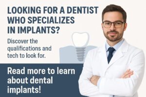 A dentist wearing surgical scrubs and a surgical mask carefully places a dental implant into a patient's jaw, using specialized tools under bright lighting. No text on the image.