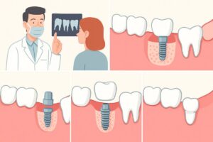 A step-by-step infographic showing the process of getting a dental implant, from initial consultation and implant placement to abutment and final crown placement. No text on the image.