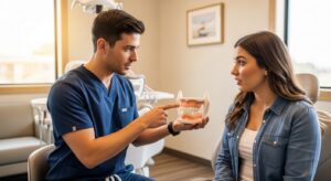 Periodontist consulting patient about jaw dislocation symptoms