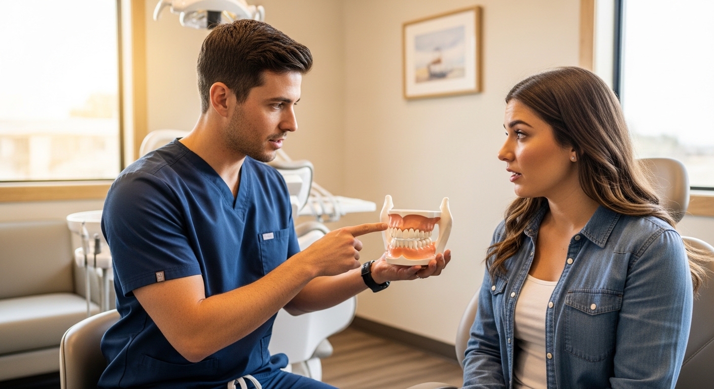 Periodontist consulting patient about jaw dislocation symptoms