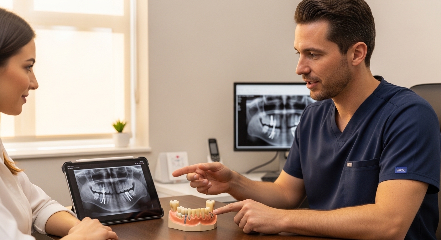 Periodontist discussing dental implants with patient in a modern dental office