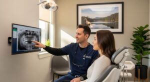 Dentist and patient discussing advanced dentistry options