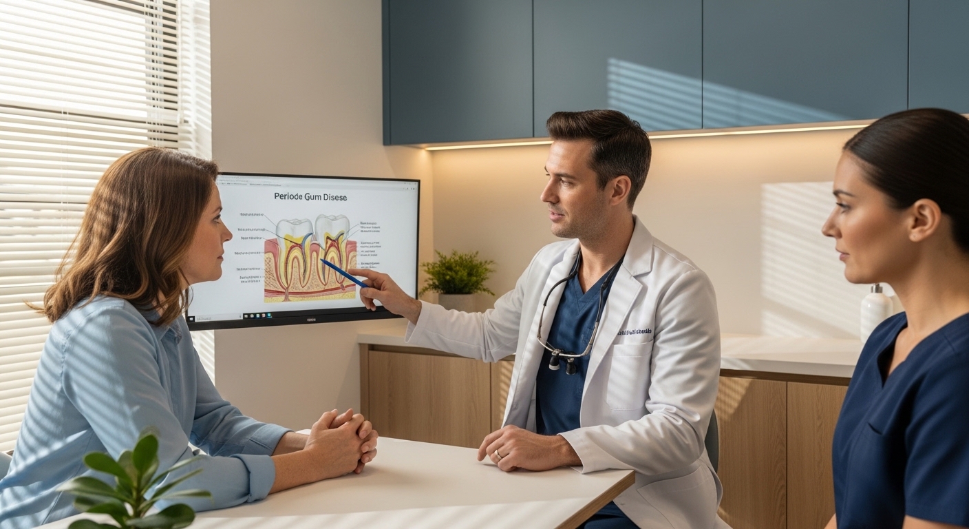 Periodontist consulting patient about gingivitis and periodontitis