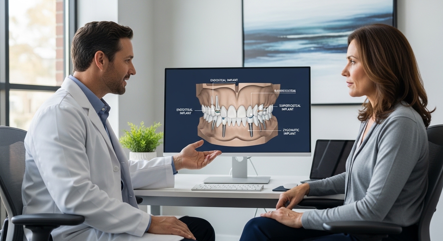 Patient discussing dental implant options with implantologist in a modern office.
