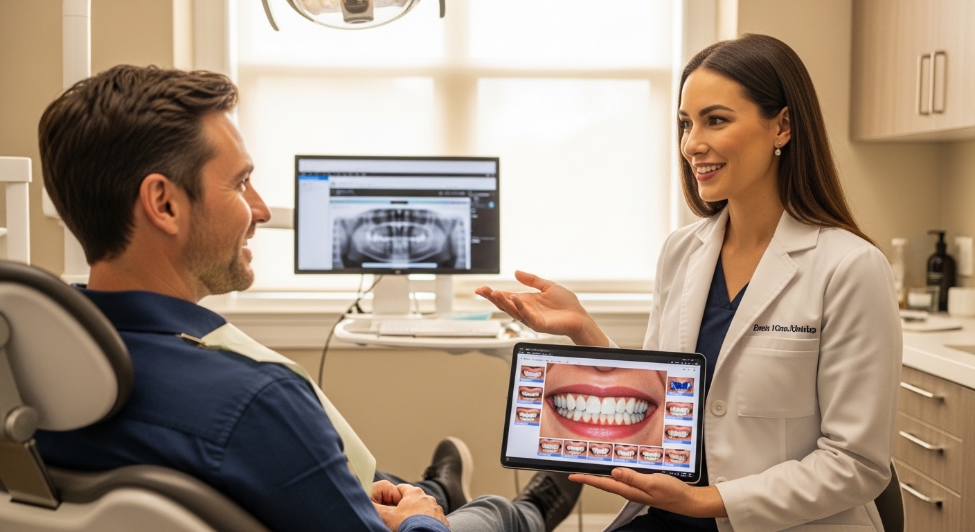 A dentist consulting with a patient about a smile makeover