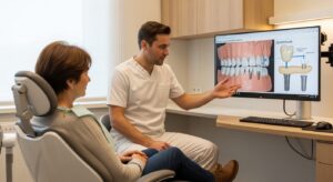 Patient in dental office discussing denture implants with implantologist.