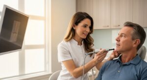 Dentist examining a patient for dislocated jaw symptoms