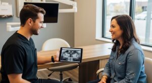 A calming dental consultation with advanced technology in a modern office.