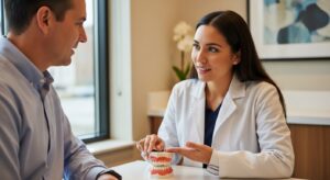 Patient consulting with dentist about bad breath treatment in a modern dental clinic
