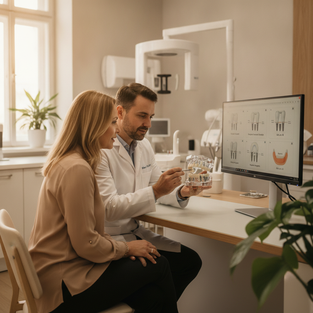 Dentist and patient discussing types of dental implants using a 3D model.
