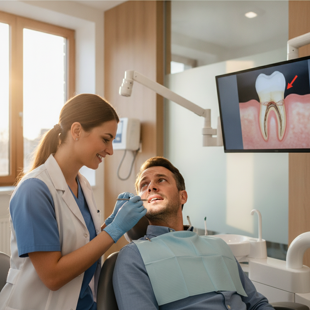 Dentist examining a patient's teeth for mobility in a modern office